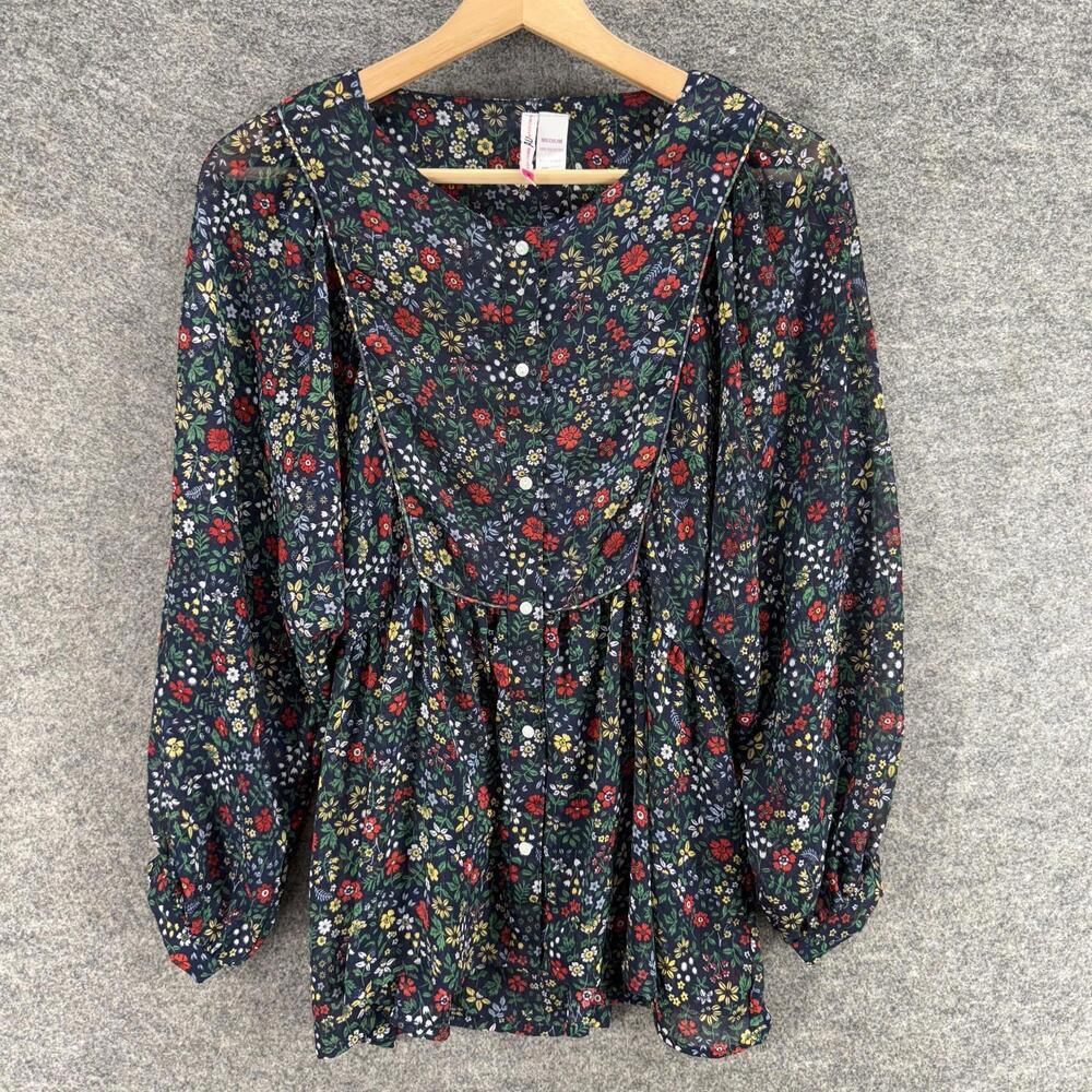 Attitude Unknown Button Up Top Women M Medium Blue Floral Long Sleeve Casual